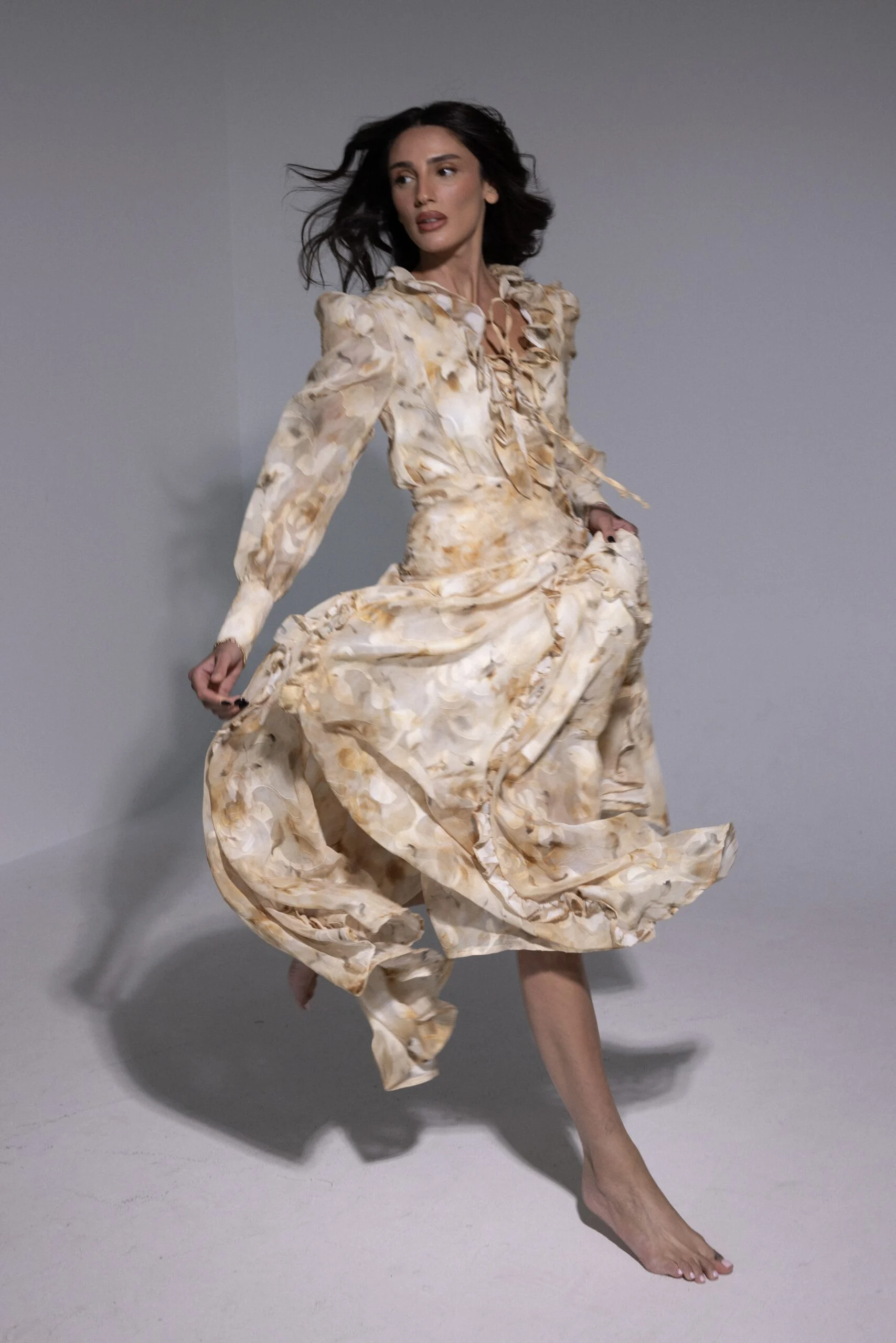 שמלת שיפון חום צהוב_1 Chiffon Dress - Brown Yellow - Image 1