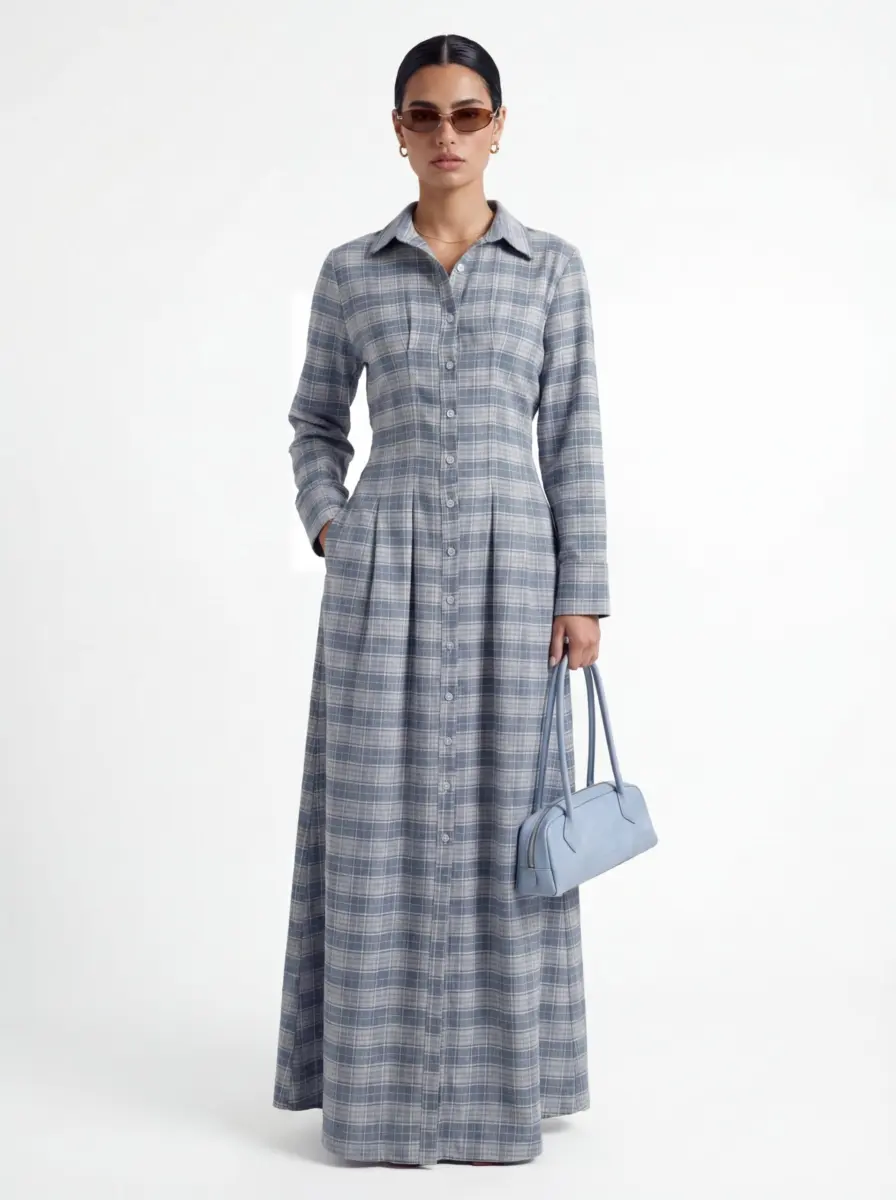 שמלת משבצות תכלת (2) Checkered Dress - Blue - Image 1